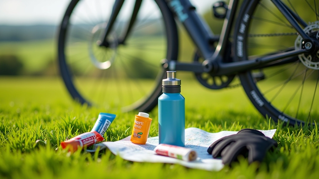 Backpack with cycling supplies laid out including water bottle, snacks, sunscreen, and map