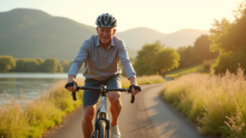 Cyclist riding along Lough Derg shoreline with mountains in background, sunny day