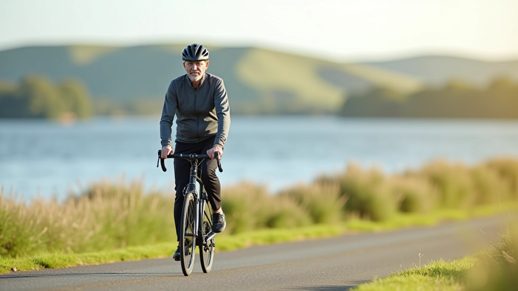 Cyclist riding on flat lakeside path with calm water and green hills in background, sunny afternoon