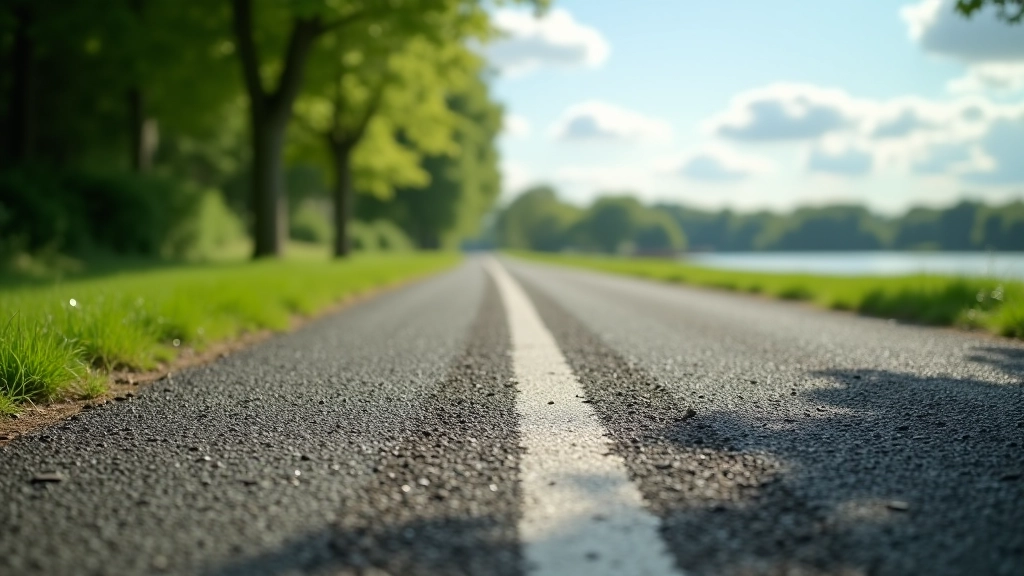 Flat cycling path surface showing mix of smooth asphalt and compacted gravel alongside lake