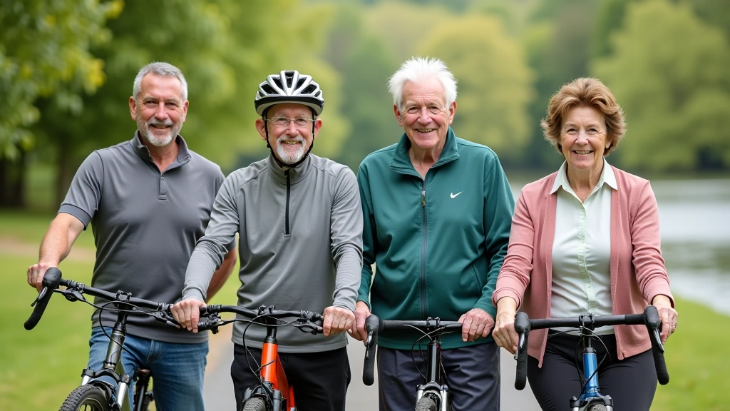 Group of four older cyclists standing together with their bikes, smiling at the camera in an outdoor setting