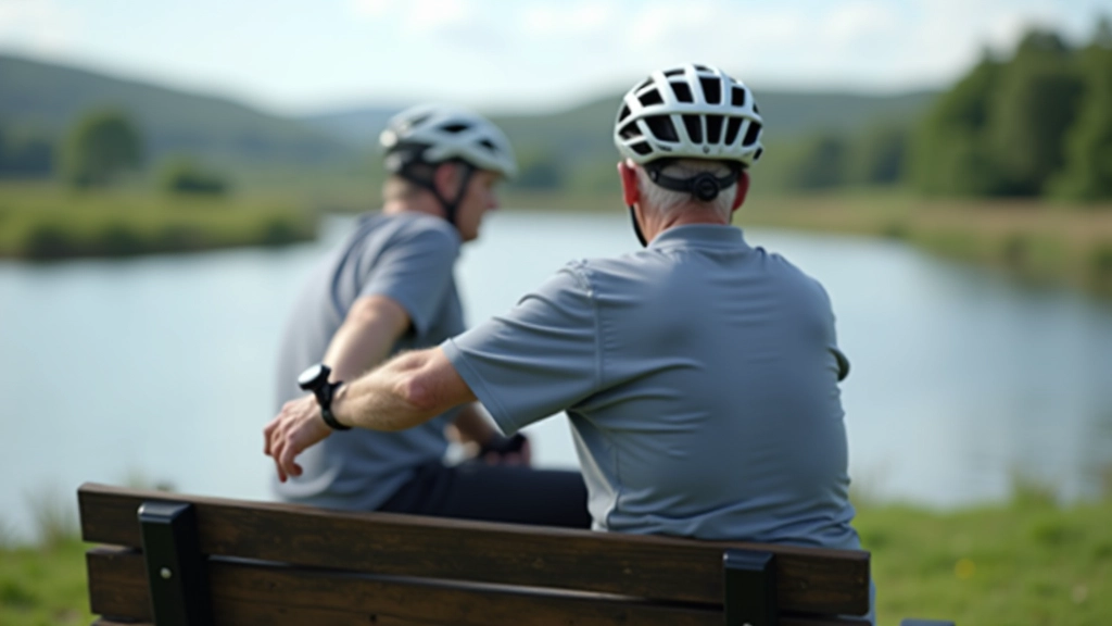 Cyclist resting on a bench overlooking Lough Derg water, trees and hills in background
