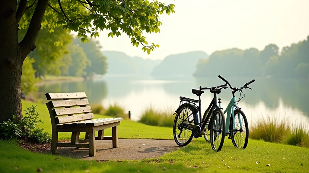 Wooden rest bench overlooking Lough Derg with bicycles parked nearby, water and landscape in background