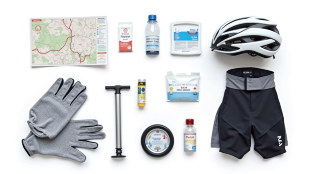 Cycling essentials laid out including water bottle, repair kit, helmet, and comfortable padded cycling shorts