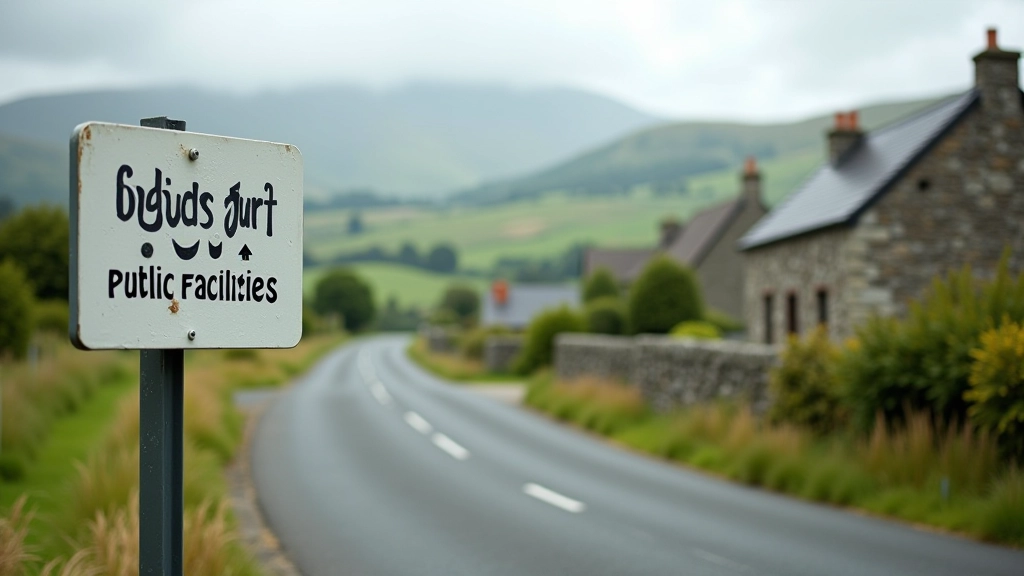 Public toilet sign on rural road with stone buildings and green landscape