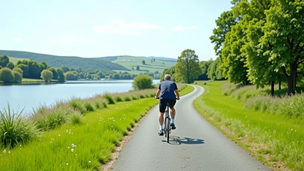 Scenic lakeside path with gentle rolling terrain and lush green fields along Lough Derg shoreline
