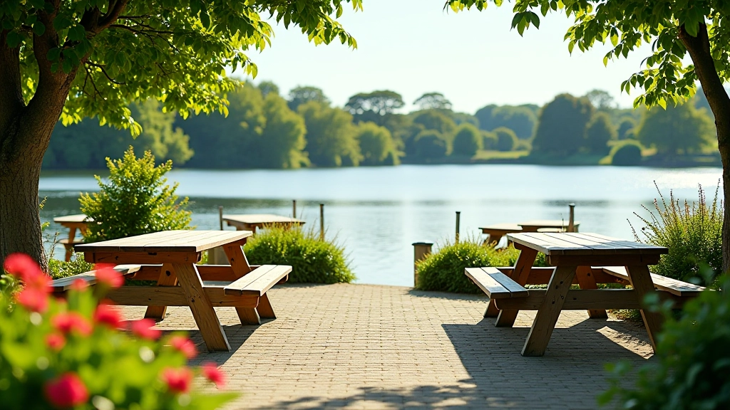 Waterfront picnic area with wooden benches, lake view, and flowering plants along the shore